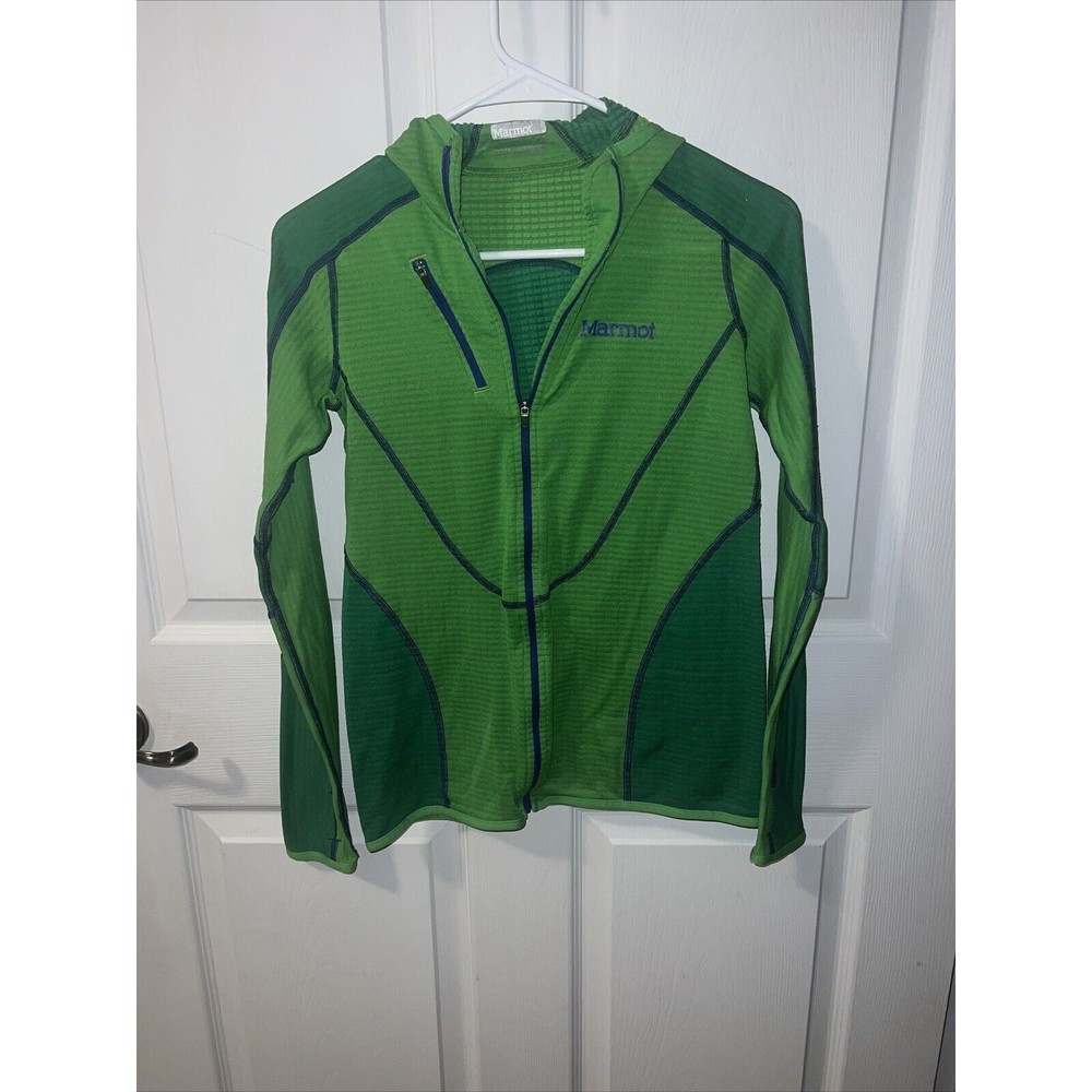 Marmot Polartec Hoodie Size Small Green/Blue Stitching & Full Zipper
